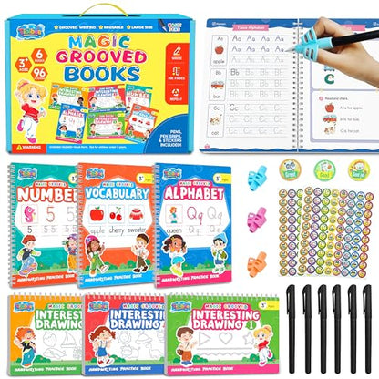 Magic Grooved Writing Practice for Kids, Reusable Grooved Workbook | Handwriting Practice for Kids Ages 3-8 - with Disappearing Ink, Letters Numbers & Tracing Books, Large Preschool Gift Set