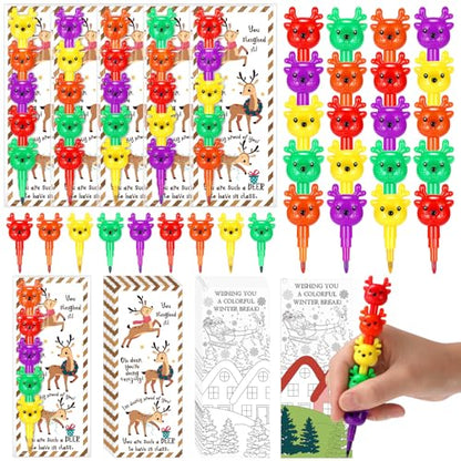 Sayglossy 24 Sets Christmas Elk Crayons Party Favors 4 Colors Christmas Stacking Crayons with Double Sided Coloring Postcard Xmas Party Gifts Prize Bulk for Holiday Goodie Bag Stuffers Reward - style: Christmas Elk