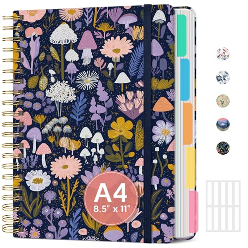 Large Lined Spiral Journal for Women Cute Hardcover 5 Subject Notebook for Work 8.5" x 11" with Removable Dividers & Tabs, College Ruled, 280 Pages Aesthetic Journal for Work, School & Note Taking, Mushroom Garden - color: L - Mushroom Garden