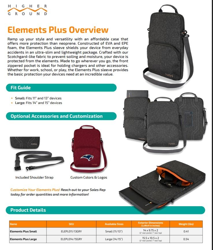 Higher Ground 11IN-13IN Elements Plus, Grey. Top Load Sleeve for Chromebooks, Tablets, Notebooks with Coated Fabric, Exterior Pocket & Removable Shoulder Strap Easily Slips in Backpack.