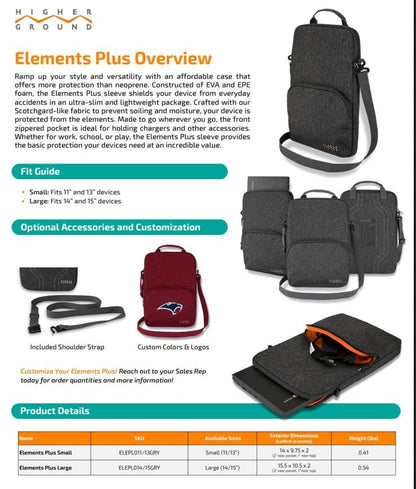 Higher Ground 11IN-13IN Elements Plus, Grey. Top Load Sleeve for Chromebooks, Tablets, Notebooks with Coated Fabric, Exterior Pocket & Removable Shoulder Strap Easily Slips in Backpack.