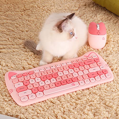 Cute Cat 2.4G USB Wireless Keyboard and Mouse Combo, Silent Keys, Candy Colors, Compatible with Notebook, PC (Pink-84Keys) - color: Pink-84Keys