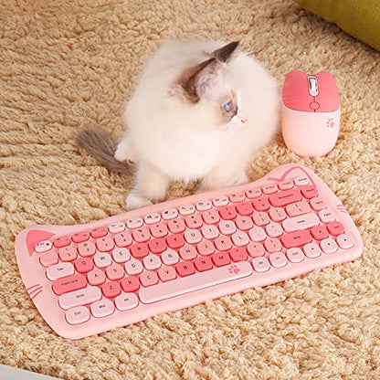 Cute Cat 2.4G USB Wireless Keyboard and Mouse Combo, Silent Keys, Candy Colors, Compatible with Notebook, PC (Pink-84Keys) - color: Pink-84Keys