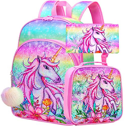 gxtvo 3PCS Girls Backpack, 16" Sequin Prechool Elementary Bookbag and Lunch Box - color: Unicorn Pink02
