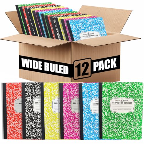 PARTH iMPEX 12 Pack Bulk Composition Notebooks Wide Ruled, Hard Cover | 200 Pages (100 Sheets), 9-3/4 x 7-1/2, Wide Ruled Notebooks in 6 Assorted Colors, Composition Notebook For School College