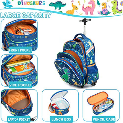 Meetbelify Boys Dinosaur Rolling Backpack Kids Backpacks with Wheels for School Bags Luggage - color: Dinosaur