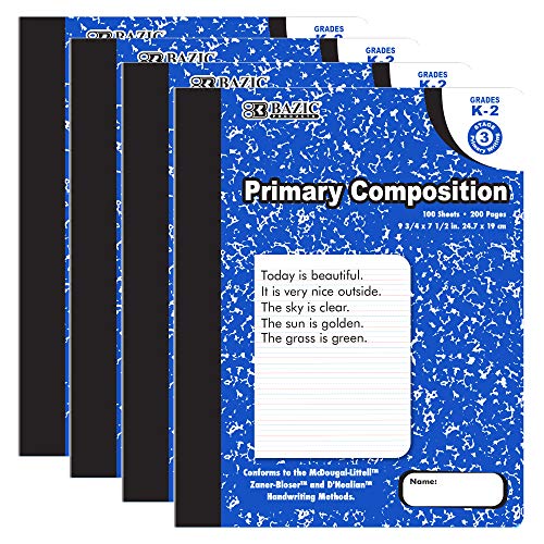 BAZIC PRODUCTS Primary Composition Notebook, Grades K-2, Marble, 4-Pack | 100 sheets (200 pages), 9.75 x 7.5 in, dashed mid-line primary ruling, Center-sewn - size: 4-Pack