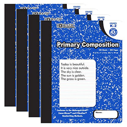 BAZIC PRODUCTS Primary Composition Notebook, Grades K-2, Marble, 4-Pack | 100 sheets (200 pages), 9.75 x 7.5 in, dashed mid-line primary ruling, Center-sewn - size: 4-Pack