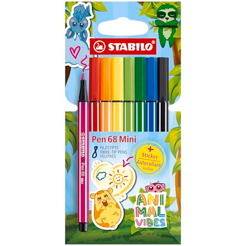 STABILO Pen 68 Mini Animal Vibes - Premium Fibre-Tip Pen - Pack of 8 - Assorted Colours - style: Pen 68 Mini