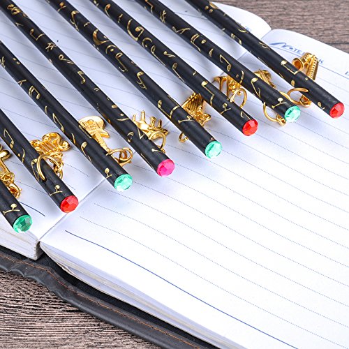 PUNK Artist Pencil Music Note Pre-Sharpened Pencils Charcoal Pencil with Diamond Top & Beautiful Musical Instruments Gold Plated Pendant(8 Pcs)