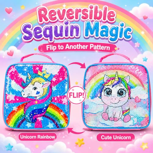 gxtvo 3PCS Girls Backpack, 16" Sequin Prechool Elementary Bookbag and Lunch Box - color: Unicorn Pink