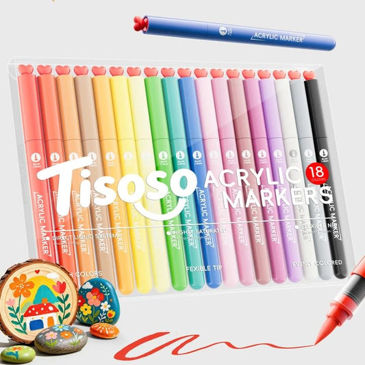 Tisoso Direct Liquid Acrylic Markers,18 Colors Brush Tips with Auto-Control Ink, High Opacity Waterproof Paint Pens for Rock, Wood, Pumpkin DIY Craft - color: 18 Colors