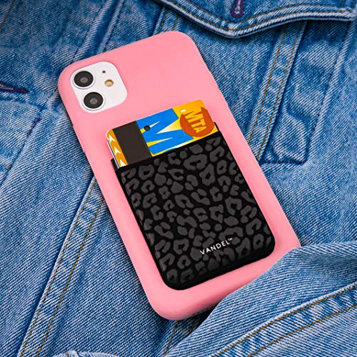 VANDEL Pocket – Stick-On Fabric Phone Wallet Stick On for Women, Cute Credit Card Holder for Phone Case, Stick On Back of Phone Fabric Sleeve for iPhone Pocket - color: Black Leopard