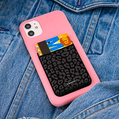 VANDEL Pocket – Stick-On Fabric Phone Wallet Stick On for Women, Cute Credit Card Holder for Phone Case, Stick On Back of Phone Fabric Sleeve for iPhone Pocket - color: Black Leopard