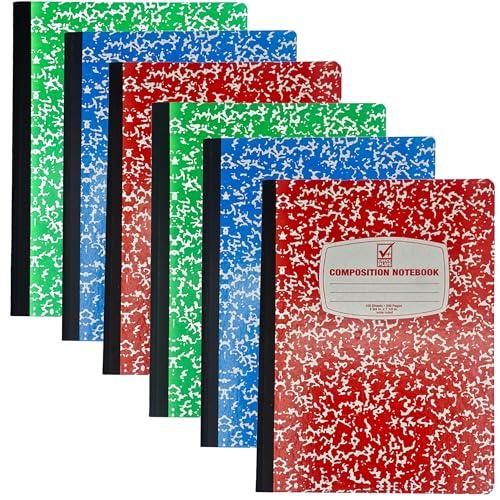 4E's Novelty Wide Ruled Composition Notebooks - Pack of 6- Hard Cover 100 Sheets 9.75" x 7.5" - Red Blue Green Cute Marble Colors, Bulk Compositon Book Wide Ruling, Back to School Supplies - size: 6 Pack