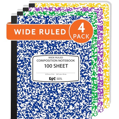 4 Pack - EPI Wide Ruled Composition Notebook Assorted Marble Colors - 200 Pages (100 Sheets), 9-3/4 x 7-½ - Classroom Back to School Supplies, Heavy Duty, Durable Hardcover Office Notebooks, Sewn - size: Pack of 4, style: Assorted - Wide