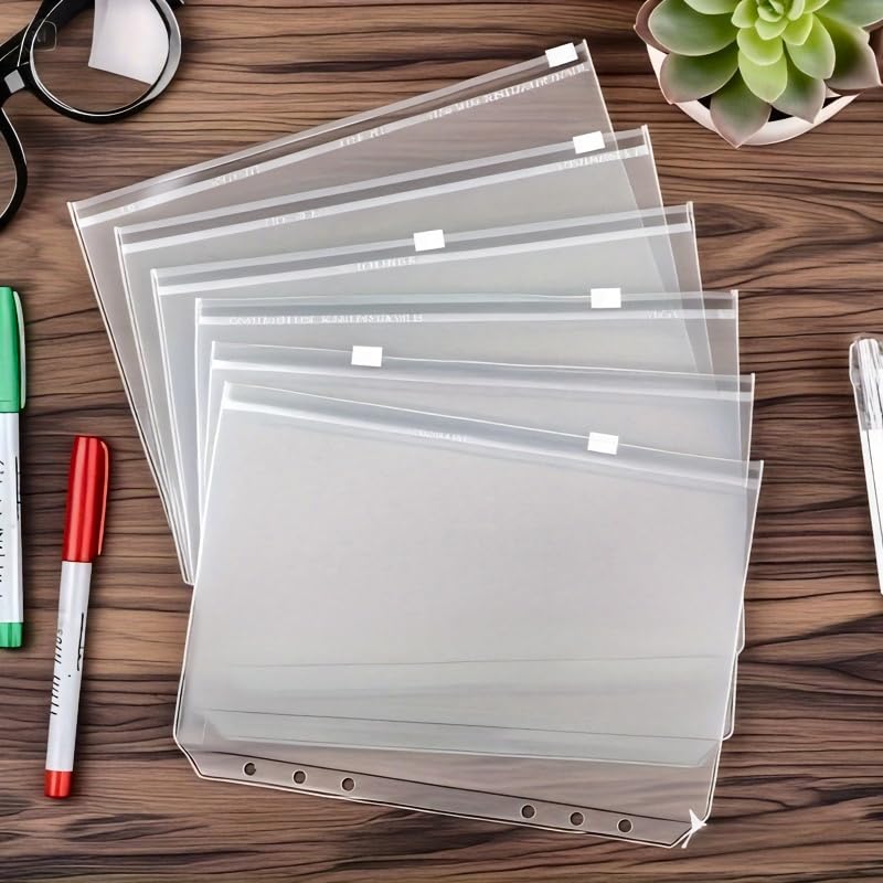 5PCS 6 Holes A5 Binder Pockets Clear Zipper Folders for 6 Ring Loose Leaf Notebook Waterproof PVC Organizer