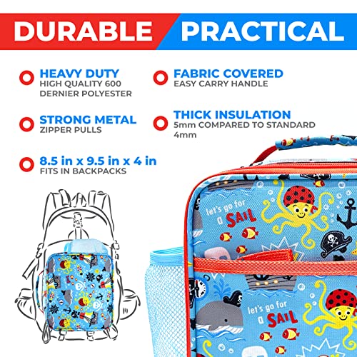 Bento Box with Insulated Lunch Bag, Ice Pack & Water Bottle Set for Kids - 5 Compartments Removable Tray Lunches or Snack Container Boys Toddlers Daycare Pre-School, Blue Pirates - color: Blue Pirate Set