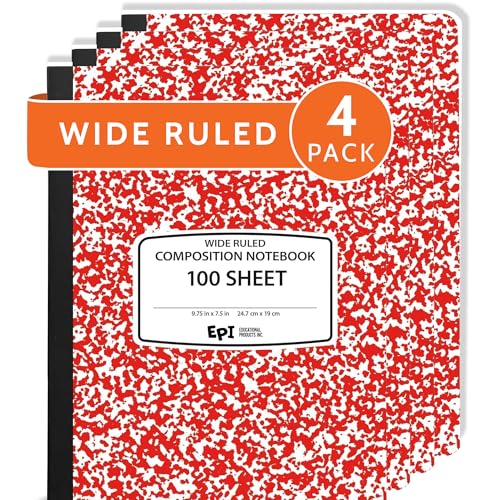 4 Pack - EPI Wide Ruled Marble Composition Notebook - Red 200 Page Note Book - 9.75 x 7.5 Inch Hardcover Journal with Sewn Binding for Secure Pages - Classroom Back to School Supplies - color: Red, size: 4