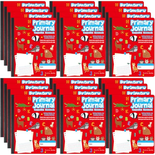Watersay 24 Pcs Primary Composition Notebook K-2 with Picture Space Primary Journal Grades K-2 Animal Print 50 Sheet (100 Pages) Drawing and Writing Notebook for Preschool, 1st 2nd Grade (Red Color) - color: Red Color