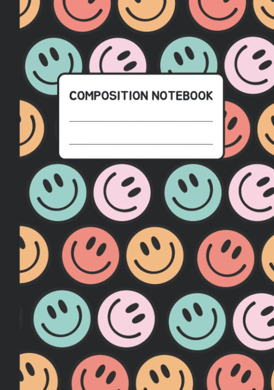 Composition Notebook Wide Ruled: Smiley Faces Aesthetic Preppy Composition Notebook For Teen Girls, Students, Women, Kids | Aesthetic School Supplies (Black cover)
