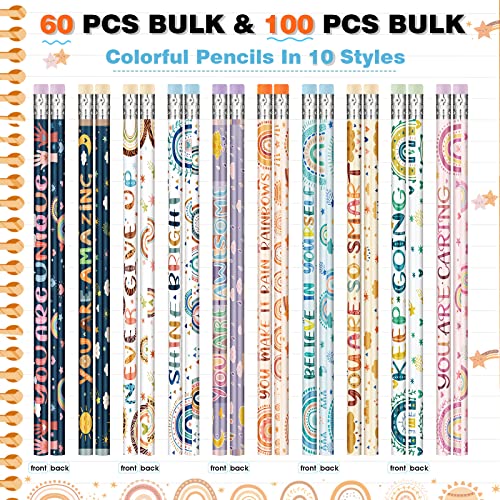 Funrous 60 Pieces Motivational Pencils Bulk Fun Boho Rainbow Inspirational Pencils with Sayings Welcome Back to School for Classroom 2nd 3rd Grade