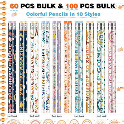 Funrous 60 Pieces Motivational Pencils Bulk Fun Boho Rainbow Inspirational Pencils with Sayings Welcome Back to School for Classroom 2nd 3rd Grade