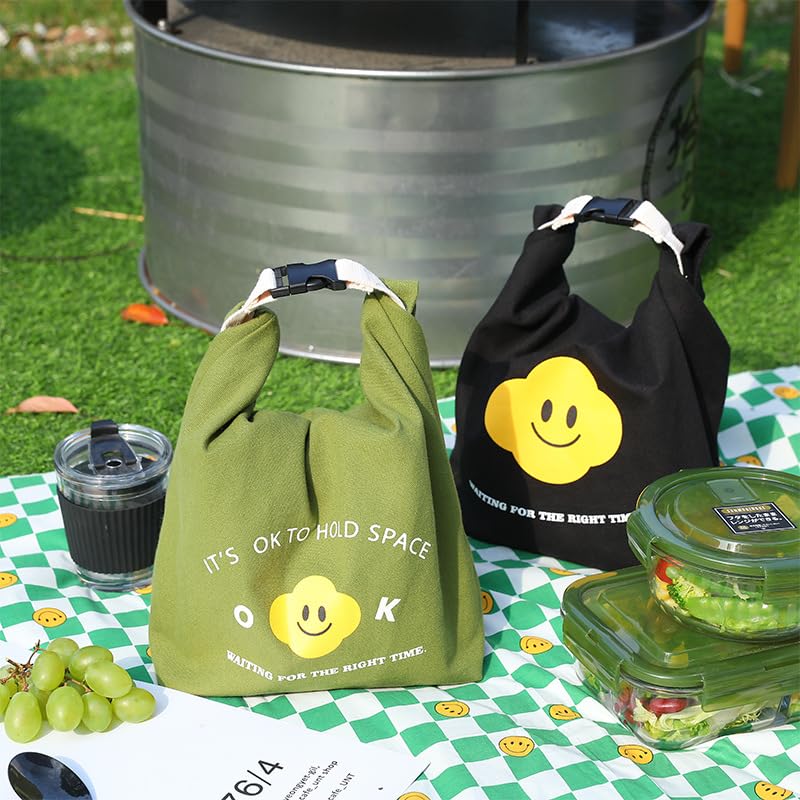 Japanese Bento Bag, Stylish Smiley Face Canvas Insulated Lunch Tote with Handle and Buckle Roll-up Lunch Bag - color: Yellow