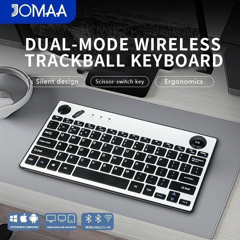 JOMAA 78 Keys Dual Mode Wireless Trackball Keyboard, Bluetooth 5.0 & 2.4G Wireless Keyboard with 19mm Trackball for Windows Mac iOS Android Computer Tablet Desktop