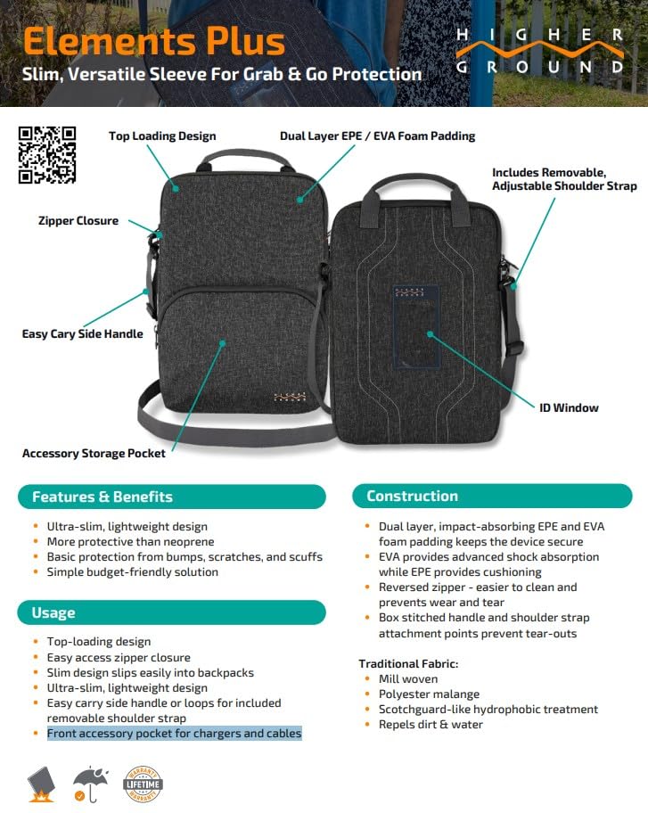 Higher Ground 11IN-13IN Elements Plus, Grey. Top Load Sleeve for Chromebooks, Tablets, Notebooks with Coated Fabric, Exterior Pocket & Removable Shoulder Strap Easily Slips in Backpack.