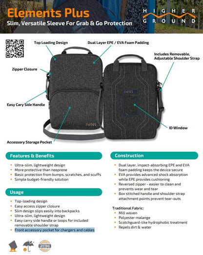Higher Ground 11IN-13IN Elements Plus, Grey. Top Load Sleeve for Chromebooks, Tablets, Notebooks with Coated Fabric, Exterior Pocket & Removable Shoulder Strap Easily Slips in Backpack.