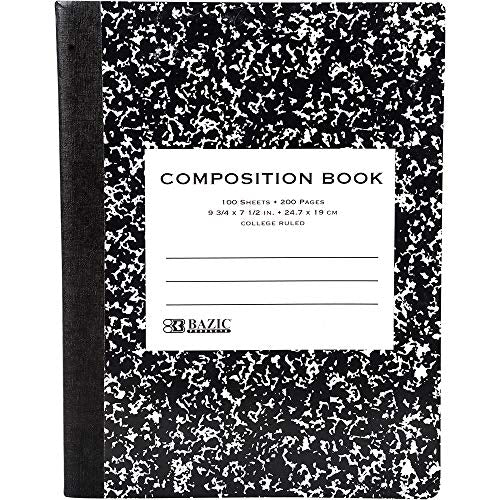 BAZIC PRODUCTS Premium Black Marble Composition Book, College-Ruled, 100 Ct | 100 college-ruled sheets (200 pages), Black Marble composition notebook, sewn binding, 9.75 x 7.5 in