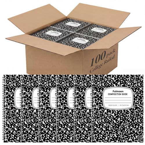 Fulmoon 100 Pack Bulk Spiral Composition Notebooks, Hard Cover, Wide Ruled Paper, 9-3/4 x 7-1/2 Inches, 60 Pages (30 Sheets), Black Marble Cover Composition Notebooks for School College Office - color: Black, size: Wide Ruled 7.5 x 9.75 Inches