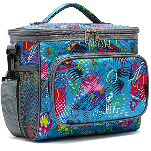FlowFly Insulated Reusable Lunch Bag Adult Large Lunch Box for Women and Men with Adjustable Shoulder Strap,Front Zipper Pocket and Dual Large Mesh Side Pockets,Heart - color: Assorted/Multicolor