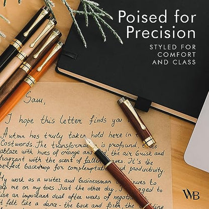 Wordsworth & Black Fountain Pen Set, Luxury Bamboo Wood - Medium Nib, Gift Case; Includes 6 Ink Cartridges, Ink Refill Converter -Journaling, Calligraphy; Drawing, Smooth Writing [Cherry Wood] | Cherry Wood, Gift for Men Women, German Iridium 18K Gilded,