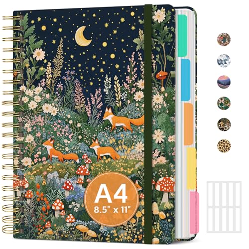 Large Spiral Notebook with Dividers & Tabs, 8.5" x 11" Hardcover 5 Subject Notebook for Work, 280 Pages, College Ruled, Cute Journal for Women, Perfect for Study & Office Note Taking, Fox Night - color: U-Fox Night