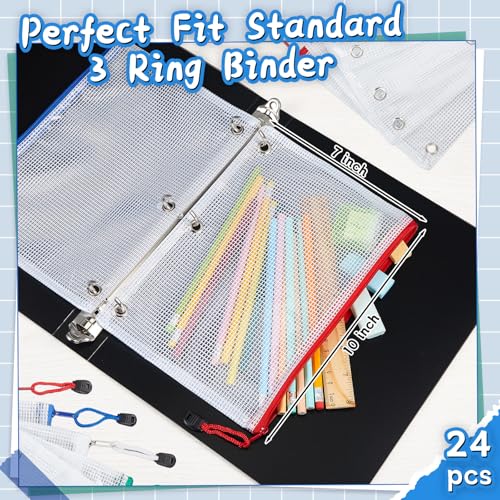 24 Pcs 7x10 Inch Pencil Pouch for 3 Ring Binder, Mesh Zipper Binder Pouches, Waterproof Clear Pencil Bags Bulk, Multi-Color Back to School Cash Envelopes(White) - color: White