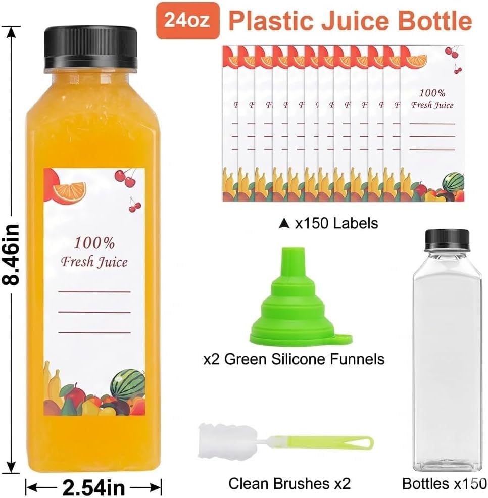 OBKJJ 80pcs 24oz Pcs Juice Bottles, Juice Bottle with Caps Reusable Empty Clear Bottles with Label, Funnel, Brush Bulk Beverage Containers for Juicing, Drinking, Smoothie and Other Beverages (24oz) - size: 24 Ounces