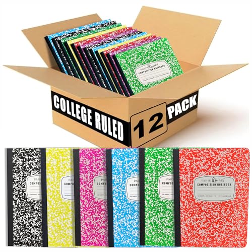 PARTH iMPEX 12 Pack Bulk Composition Notebooks College Ruled, Hard Cover | 200 Pages (100 Sheets), 9-3/4 x 7-1/2, College Ruled Notebooks, Assorted Colors Composition Notebook For School Office