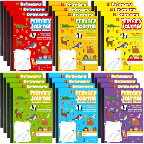 Watersay 24 Pcs Primary Composition Notebook K-2 with Picture Space Primary Journal Grades K-2 Animal Print 50 Sheet (100 Pages) Drawing and Writing Notebook for Preschool, 1st 2nd Grade (6 Color) - color: 6 Color
