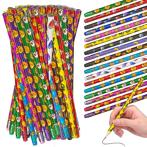 Playbees Emoticon No 2 Pencils for Kids - 144 Pack Bulk Kids Pencils #2 with Erasers - Assorted Smiley Birthday Party Favors, Classroom Prizes, Goody Bag Stuffers, Teacher's Educational Supplies - style: 144 Pack