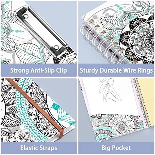 Rimilak Spiral Clipboard Folio with Refillable Lined Notepad, 14.5 x 9.8 In, Hardcover Cover with 5 Interior Pockets, Elastic Band and Pen Loop Series. Cute Stylish Clipfolio, Mandala Flower - color: Mandala Flower