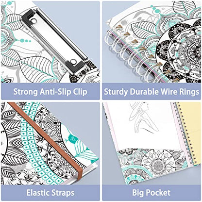 Rimilak Spiral Clipboard Folio with Refillable Lined Notepad, 14.5 x 9.8 In, Hardcover Cover with 5 Interior Pockets, Elastic Band and Pen Loop Series. Cute Stylish Clipfolio, Mandala Flower - color: Mandala Flower