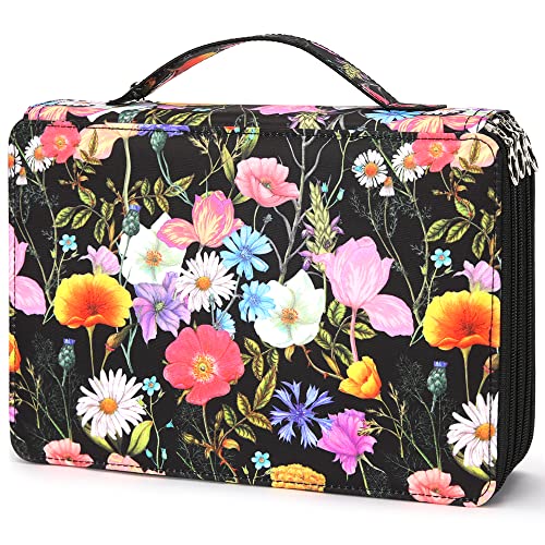Vomgomfom 200 Slots Pencil Bag, 4-Layer Zipper Portable Art Supply Organizer, PU Leather Large Capacity Colored Pencil Case with Handle for 200 Watercolor Pens, Gel Pens (Black Flower) - color: E Black Flower, size: 200 Slots