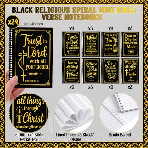 24 Sets Christian Notepads Bible Pens Sets Bulk - Classroom Office Church Religious Gifts - Spiral Thickened Bible Verse Notepad Pens for School Teacher Coworker (Gold Foiling Black) - style: Gold Foiling Black