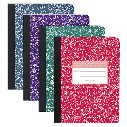 ROARING SPRING Hard Cover Composition Notebook, 4 Pack, Assorted Colors Marble Comp Book, 9.75″ x 7.5″, Wide-Ruled with Margin, 100 Sheets (200 Pages) - size: 9.75" x 7.75", style: Wide Ruled 4 Pack