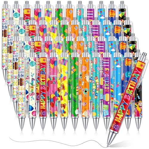 Cholemy 48 Pieces Happy Birthday Pens Bulk Happy Birthday Ballpoint Pens Colorful Cake Balloon Black Ink Gift for Party Supplies - style: Happy Birthday