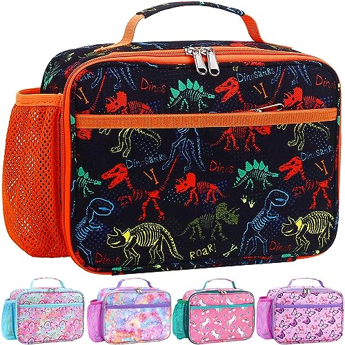 RHCPFOVR Kids Lunch Bag - Insulated Lunch Box for Boys Girls,Washable Lunch Bag and Reusable Toddler Leak-proof Lunchbox for School and Daycare - color: Orange & Black Dinosaur