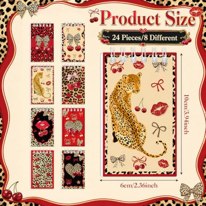 Faccito 24 Pcs Cheetah Cherry Mini Notebook Cheetah Cherry Party Decorations Coquette Leopard Bow Small Notepads Pocket Spiral Journal for Leopard Birthday Party Decor Supplies Gift, 2.4 x 3.9 Inch - style: Cheetah