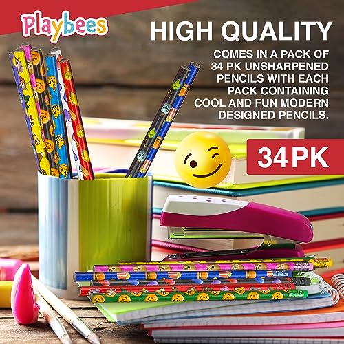 Playbees Emoticon No 2 Pencils for Kids - 36 Pack Bulk Kids Pencils #2 with Erasers - Assorted Smiley Birthday Party Favors, Classroom Prizes, Goody Bag Stuffers, Teacher's Educational Supplies - style: 36 Pack
